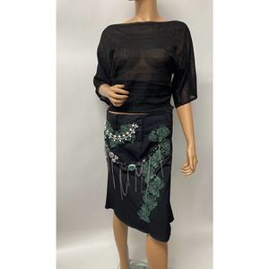 handmade skirt black embroidered with green lace chains